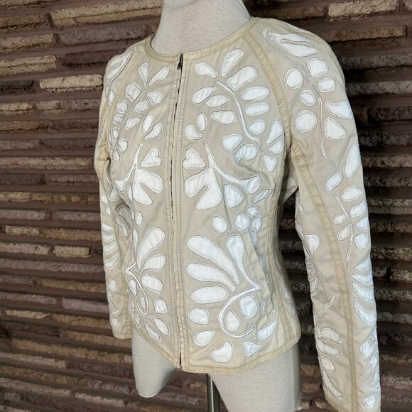 Catherine Malandrino Beige White Appliqué Full Zip Jacket Size Large - Picture 8 of 10